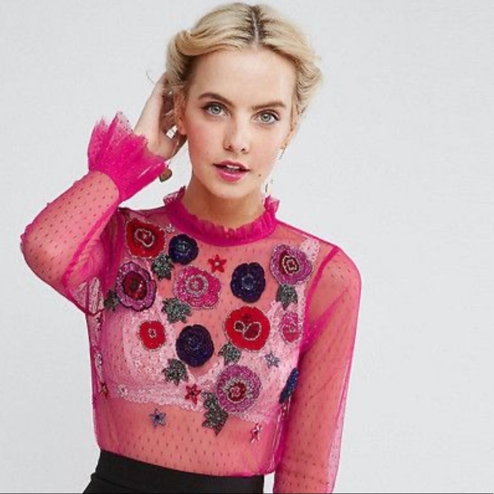 ASOS NWT Pink Mesh Flower Beaded Top